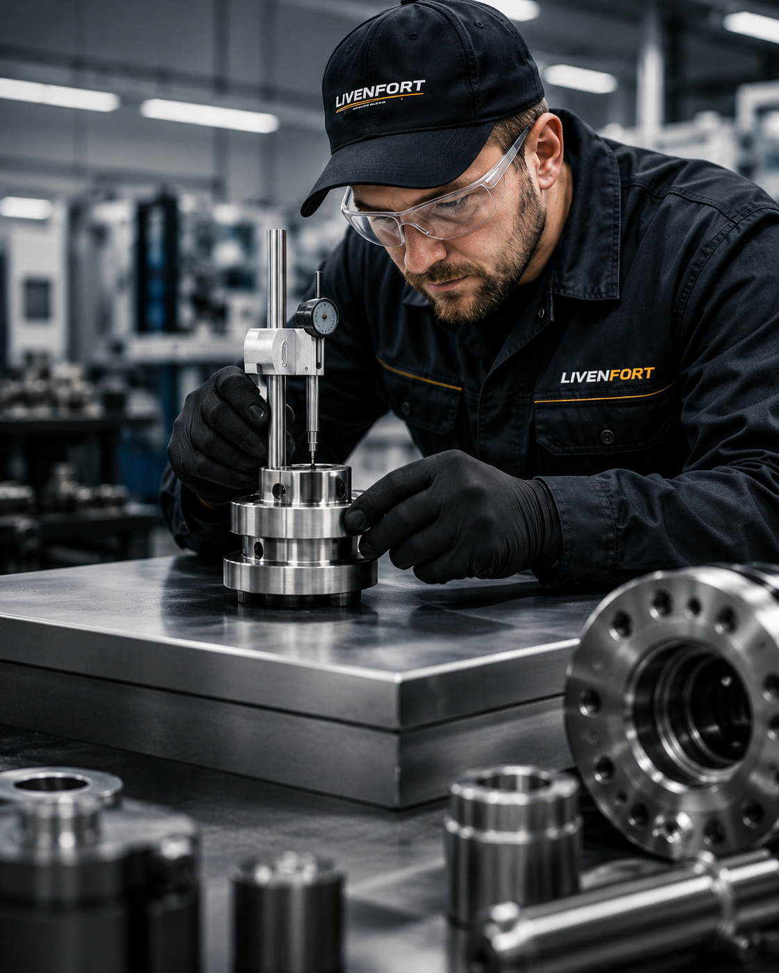 Technician inspecting a precision part